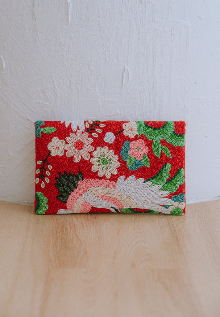 Peonies and Cranes Beaded Crossbody