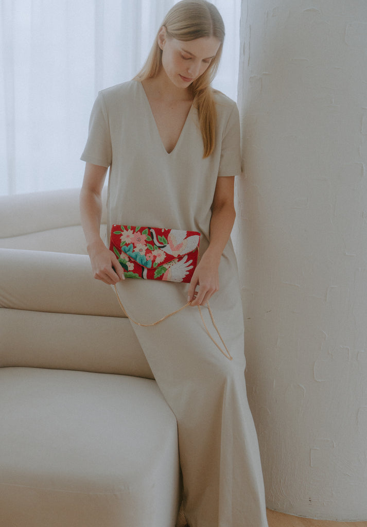 Peonies and Cranes Beaded Crossbody