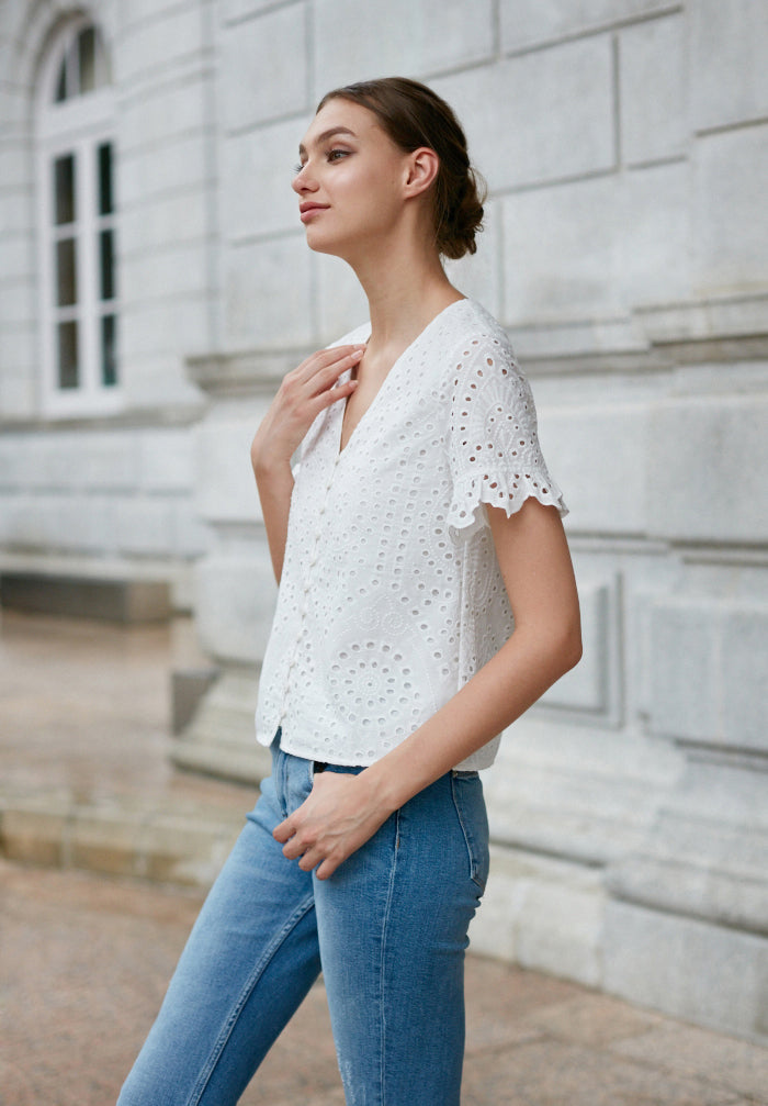 Eyelet V-neck Top (Preorder)