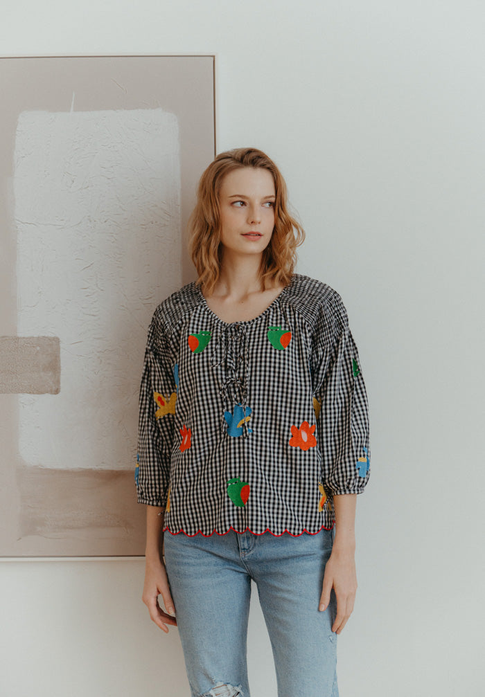 Gingham Embroidered Top