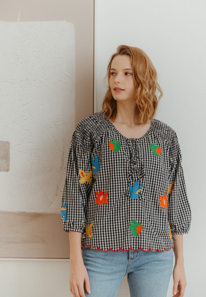 Gingham Embroidered Top