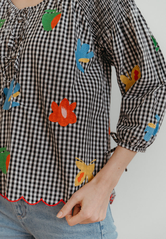 Gingham Embroidered Top