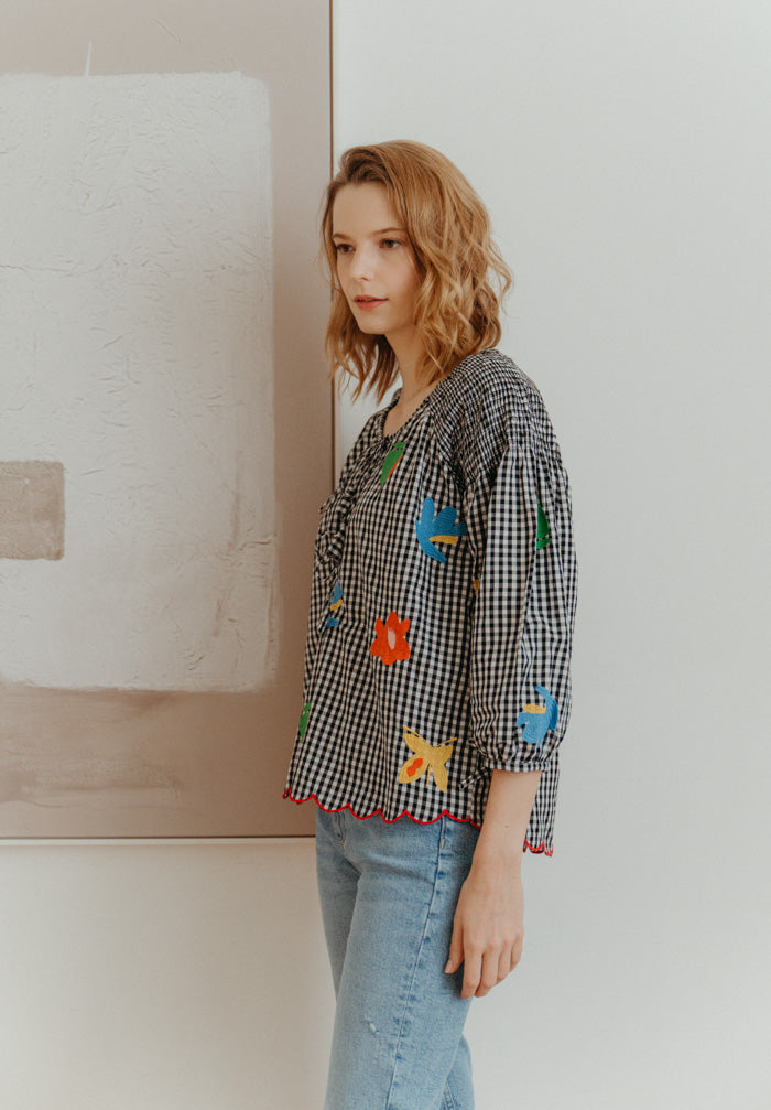 Gingham Embroidered Top