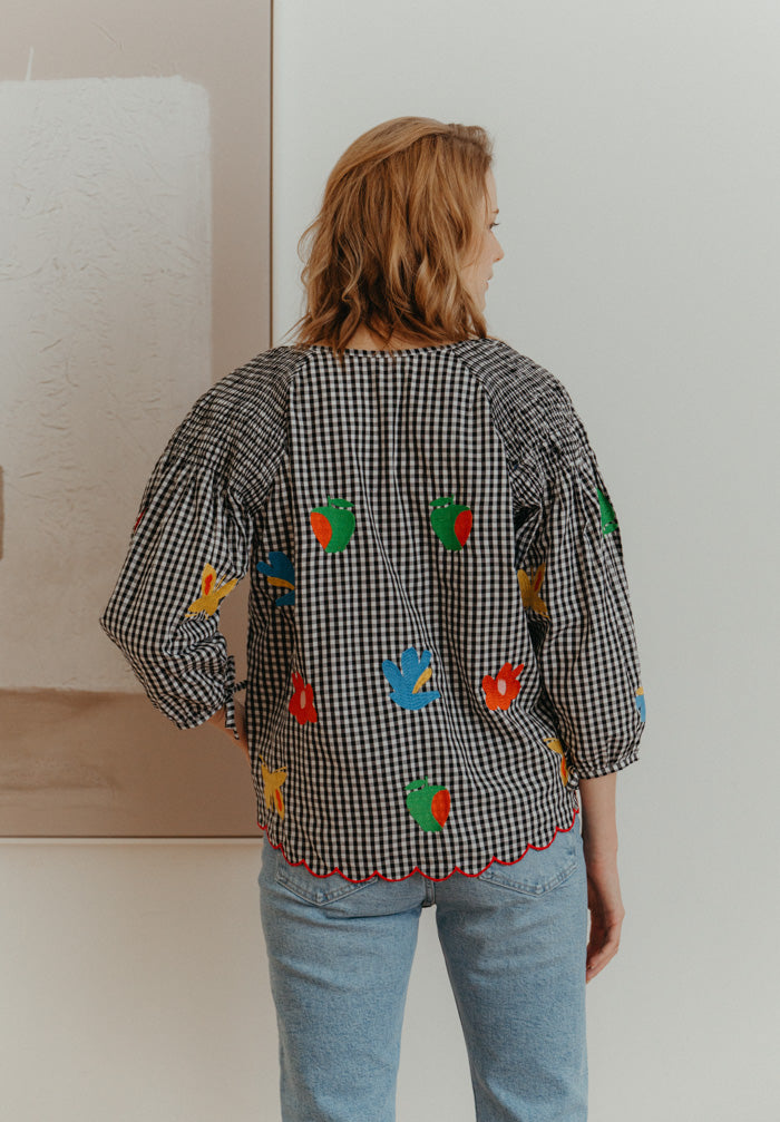 Gingham Embroidered Top