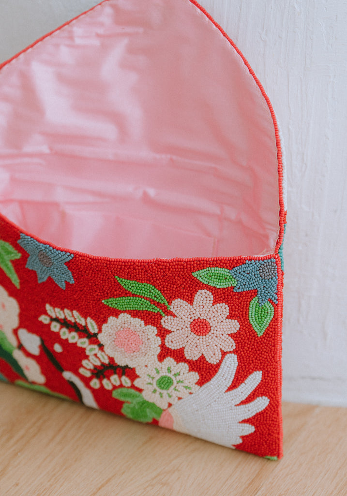 Peonies and Cranes Beaded Crossbody