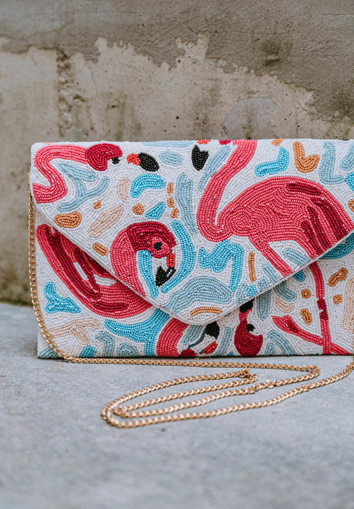 Flamingo Sparkle Beaded Crossbody (Preorder)